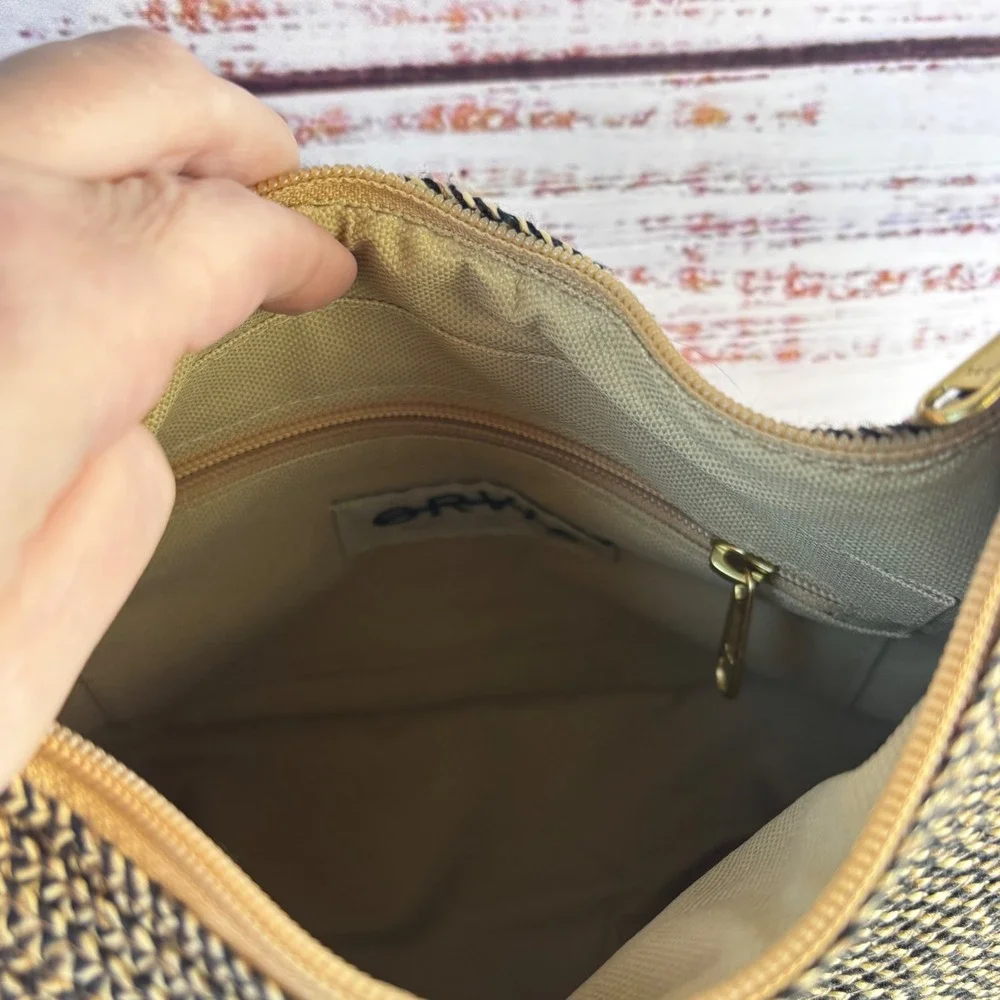Orvis Woven Straw Hobo Shoulder Bag Black Tan Paper Blend Top Zip 1004564‎ 1P5